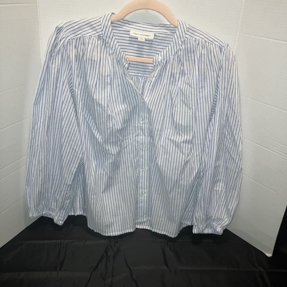 Free Assembly XS Classic Blue & White Striped Button Up V Neck Gathered Blouse